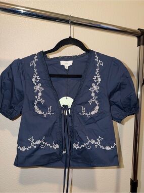 Le Lis Navy Embroidered Tie-Front Crop Blouse